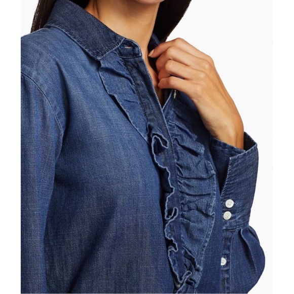 FRAME Ruffle Tux Denim Shirt In Blue Size XS - Picture 2 of 10